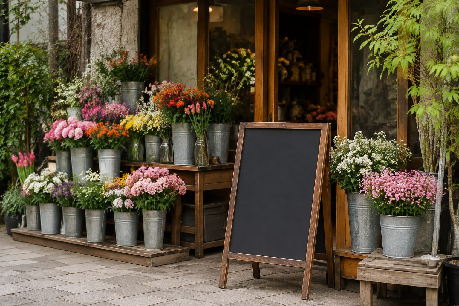 ブリキのバケツに生けた切り花が木の台に並ぶ店先と、木枠のガラス扉