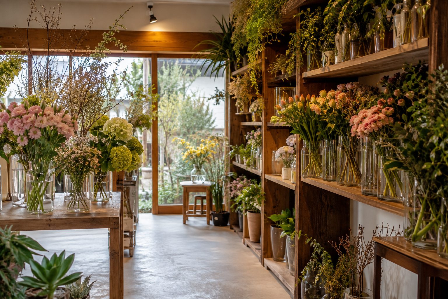 ガラスの花器に生けた切り花が木の棚に並ぶ店内と、庭に面したガラス戸